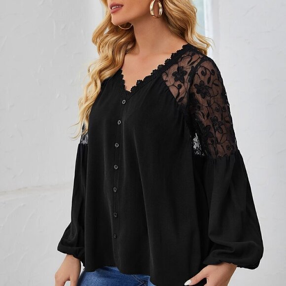 Black Casual Women's Guipure Lace Trim Embroidery Mesh Insert Blouse - Picture 3 of 5